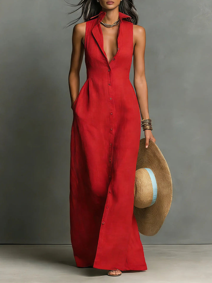 Effortless Sleeveless Collared Linen Maxi Dress for Women - Linen Dresses