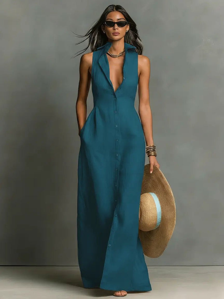 Effortless Sleeveless Collared Linen Maxi Dress for Women - Linen Dresses