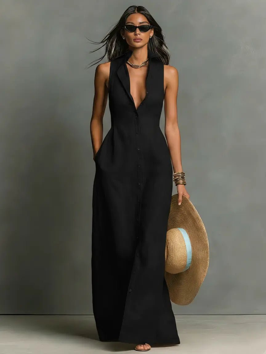 Effortless Sleeveless Collared Linen Maxi Dress for Women - Linen Dresses