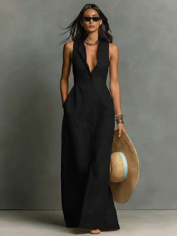 Effortless Sleeveless Collared Linen Maxi Dress for Women - Linen Dresses
