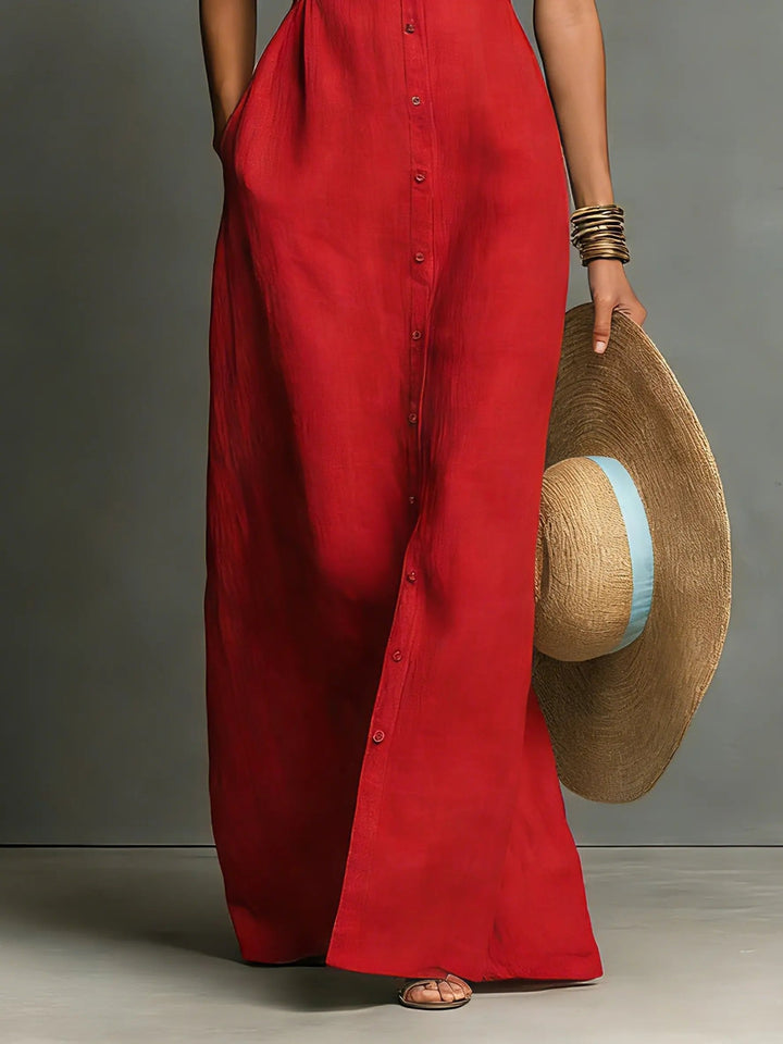 Effortless Sleeveless Collared Linen Maxi Dress for Women - Linen Dresses