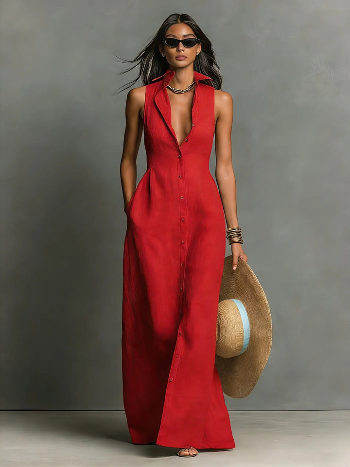 Effortless Sleeveless Collared Linen Maxi Dress for Women - Linen Dresses