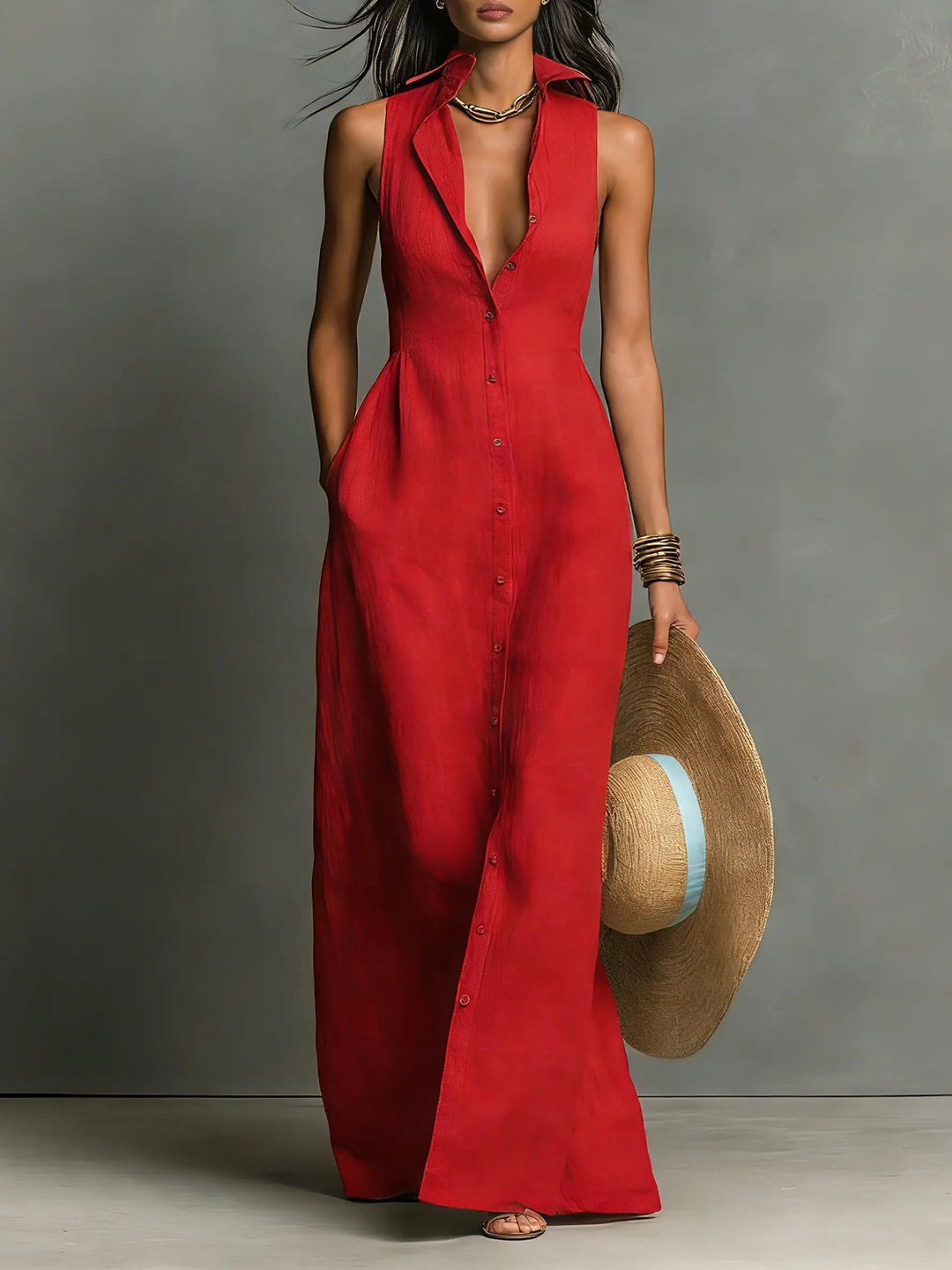 Sleeveless Collared Button-Front Maxi Dress for Women