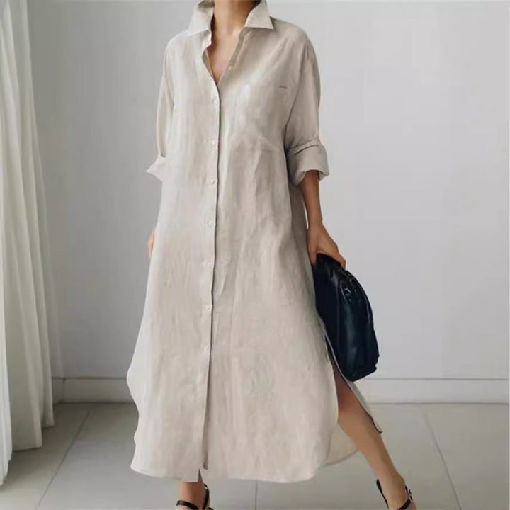 Collared Button-Down Long Sleeve Midi Shirt Dress for Women