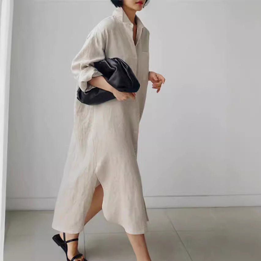 Collared Button-Down Long Sleeve Midi Shirt Dress for Women