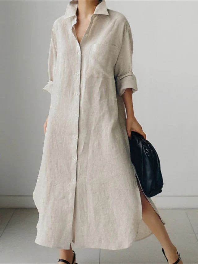 Collared Button-Down Long Sleeve Midi Shirt Dress for Women