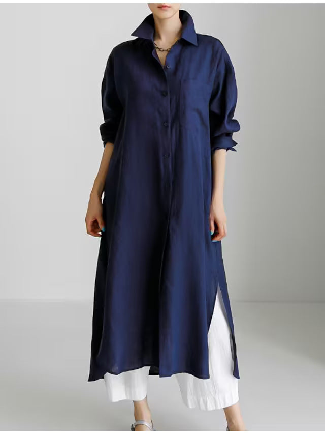 Collared Button-Down Long Sleeve Midi Shirt Dress for Women