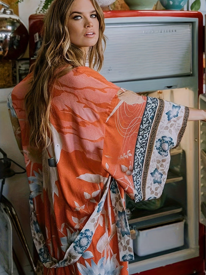 Floral Print Open Front Bell Sleeve Maxi Kimono for Women