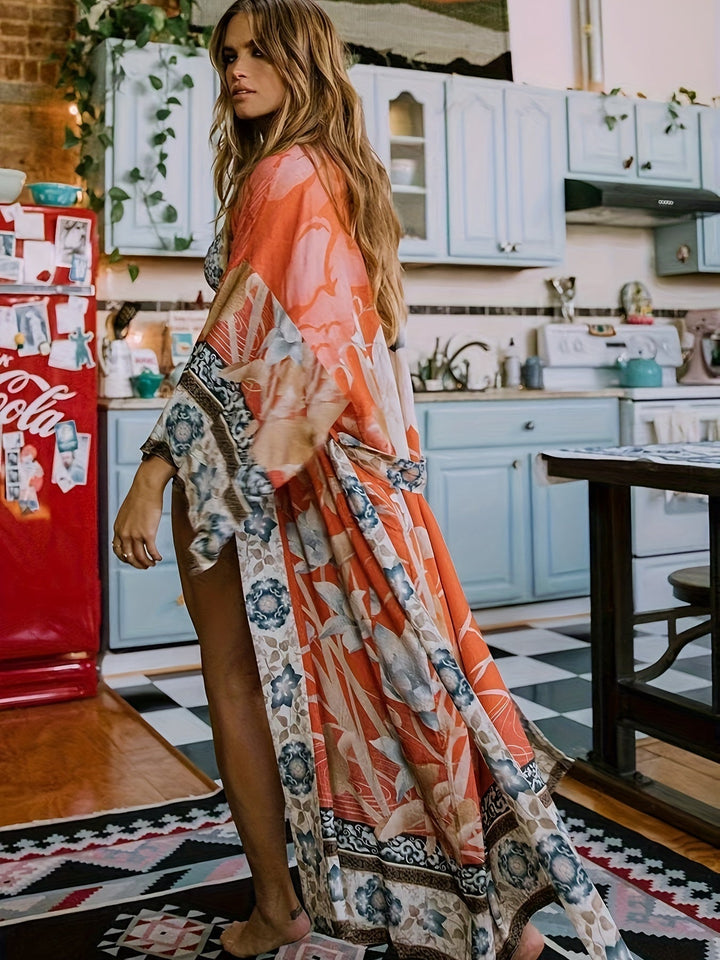 Floral Print Open Front Bell Sleeve Maxi Kimono for Women