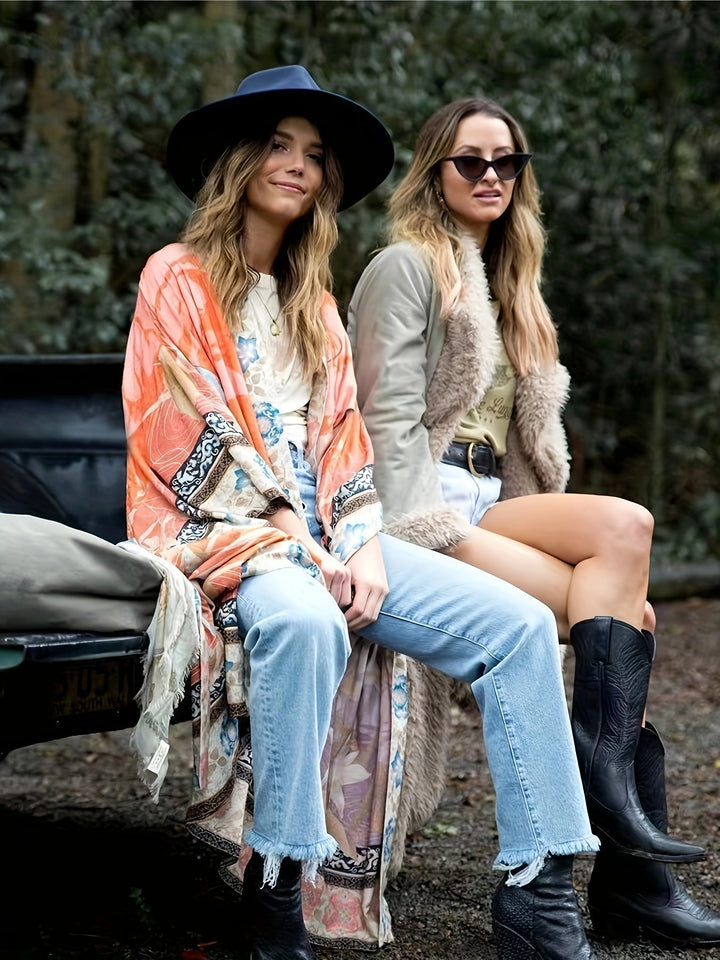 Floral Print Open Front Bell Sleeve Maxi Kimono for Women