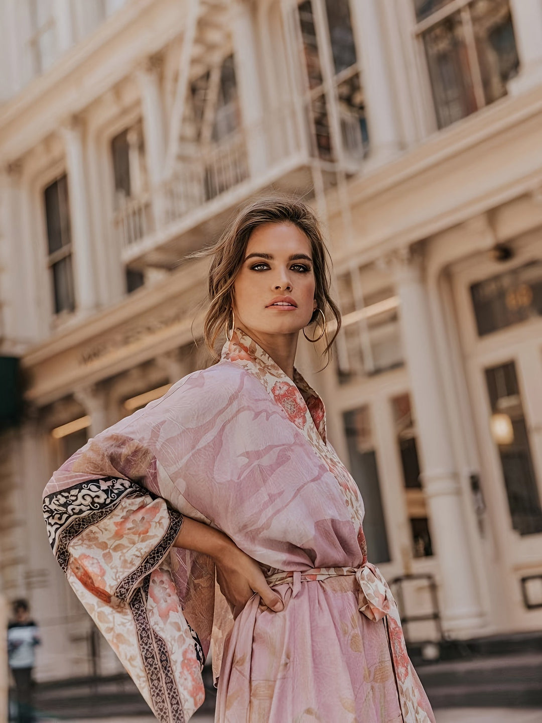Floral Print Open Front Bell Sleeve Maxi Kimono for Women