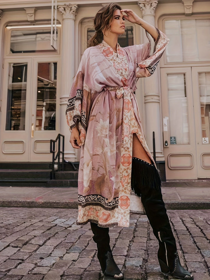Floral Print Open Front Bell Sleeve Maxi Kimono for Women