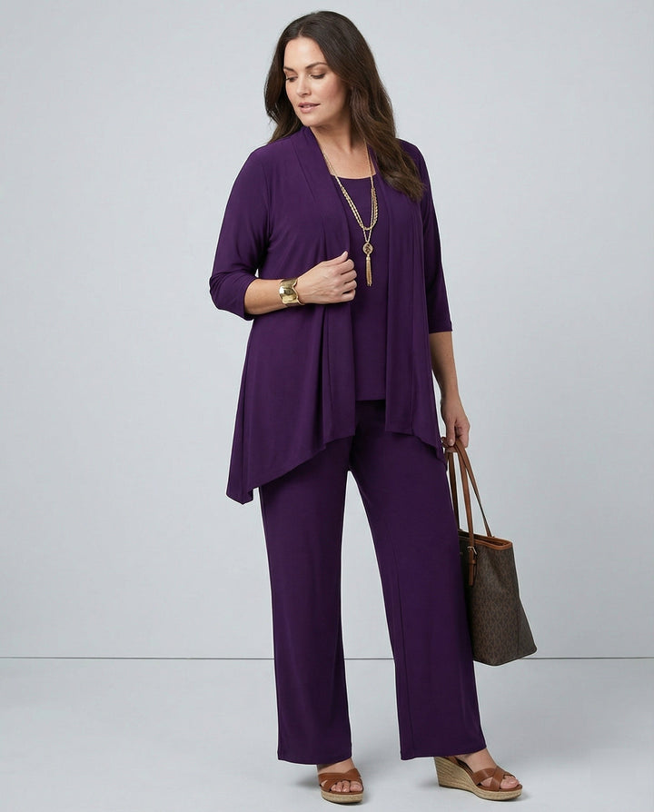 Open-Front 3/4 Sleeve Wide Leg 3 Piece Pant Suit Set for Women