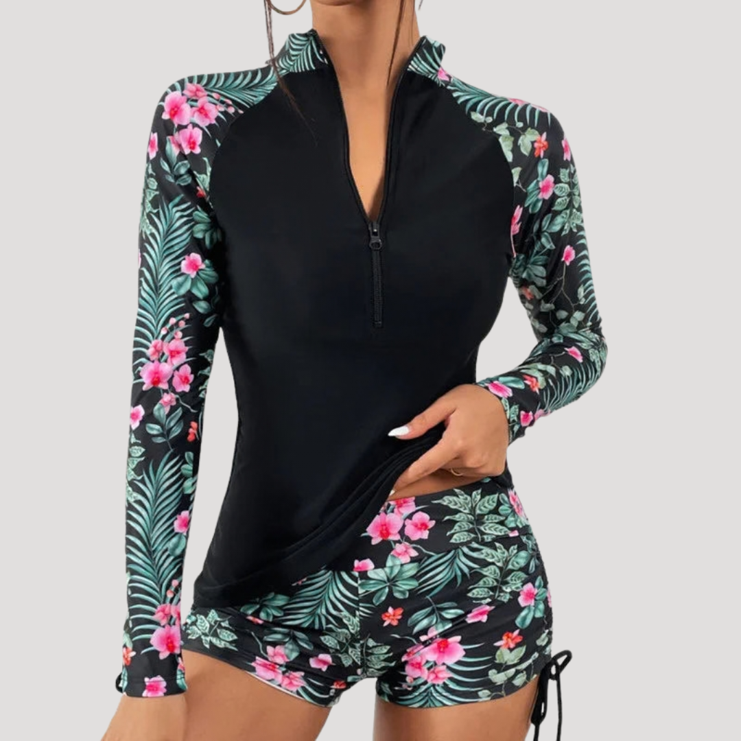 Floral Long Sleeve Zip-Front Two Piece Swimsuit for Women
