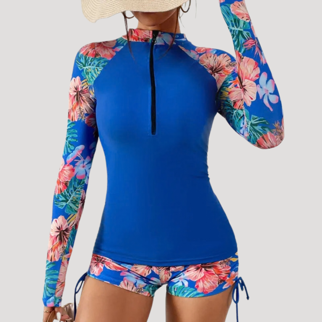 Floral Long Sleeve Zip-Front Two Piece Swimsuit for Women