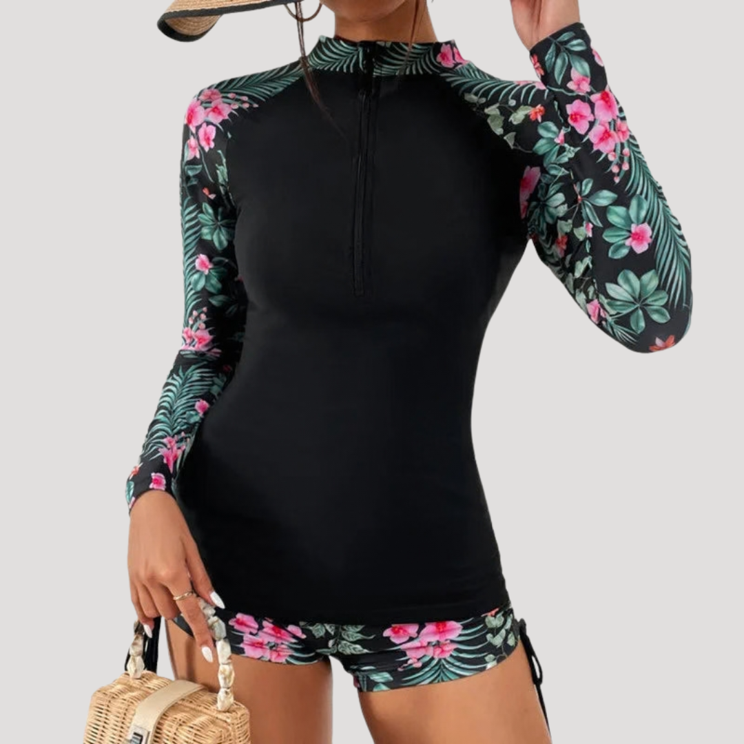 Floral Long Sleeve Zip-Front Two Piece Swimsuit for Women