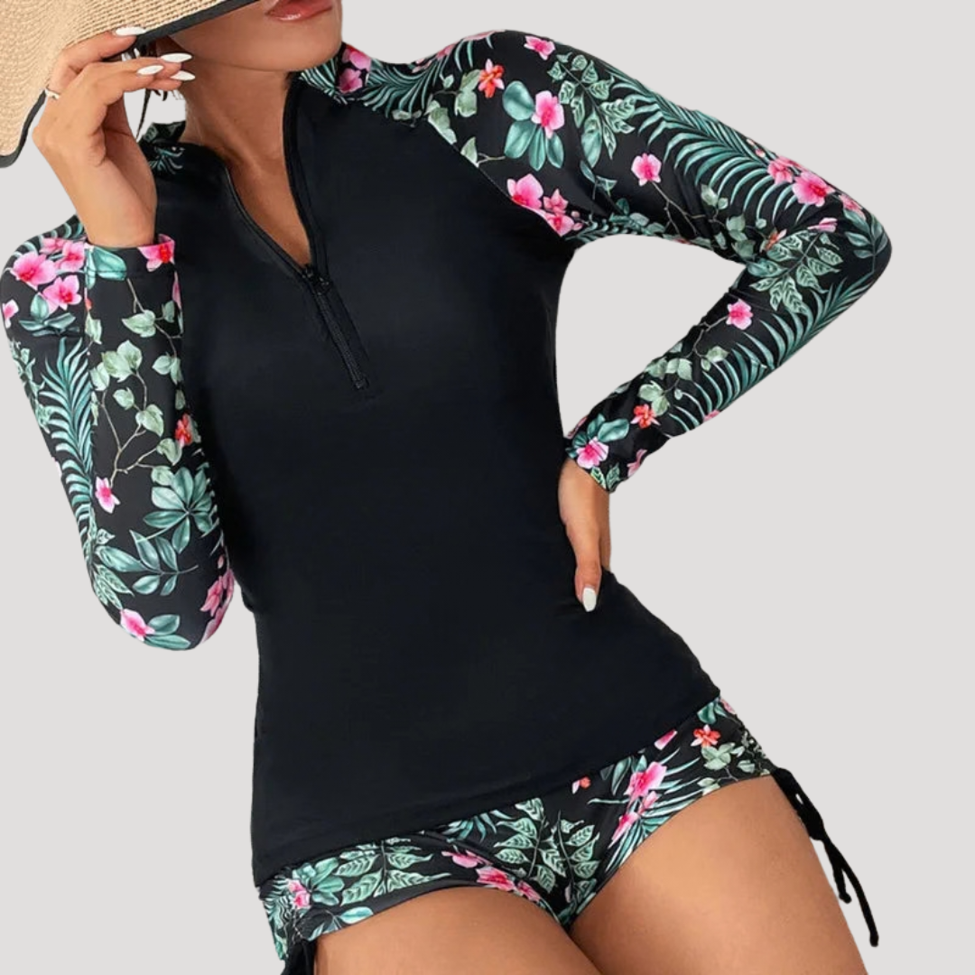 Floral Long Sleeve Zip-Front Two Piece Swimsuit for Women