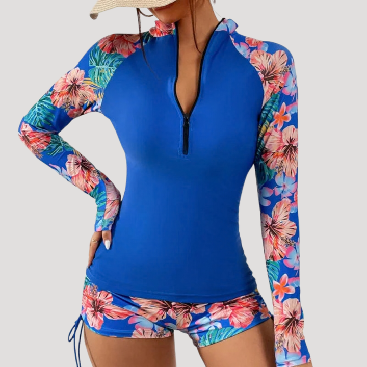 Floral Long Sleeve Zip-Front Two Piece Swimsuit for Women