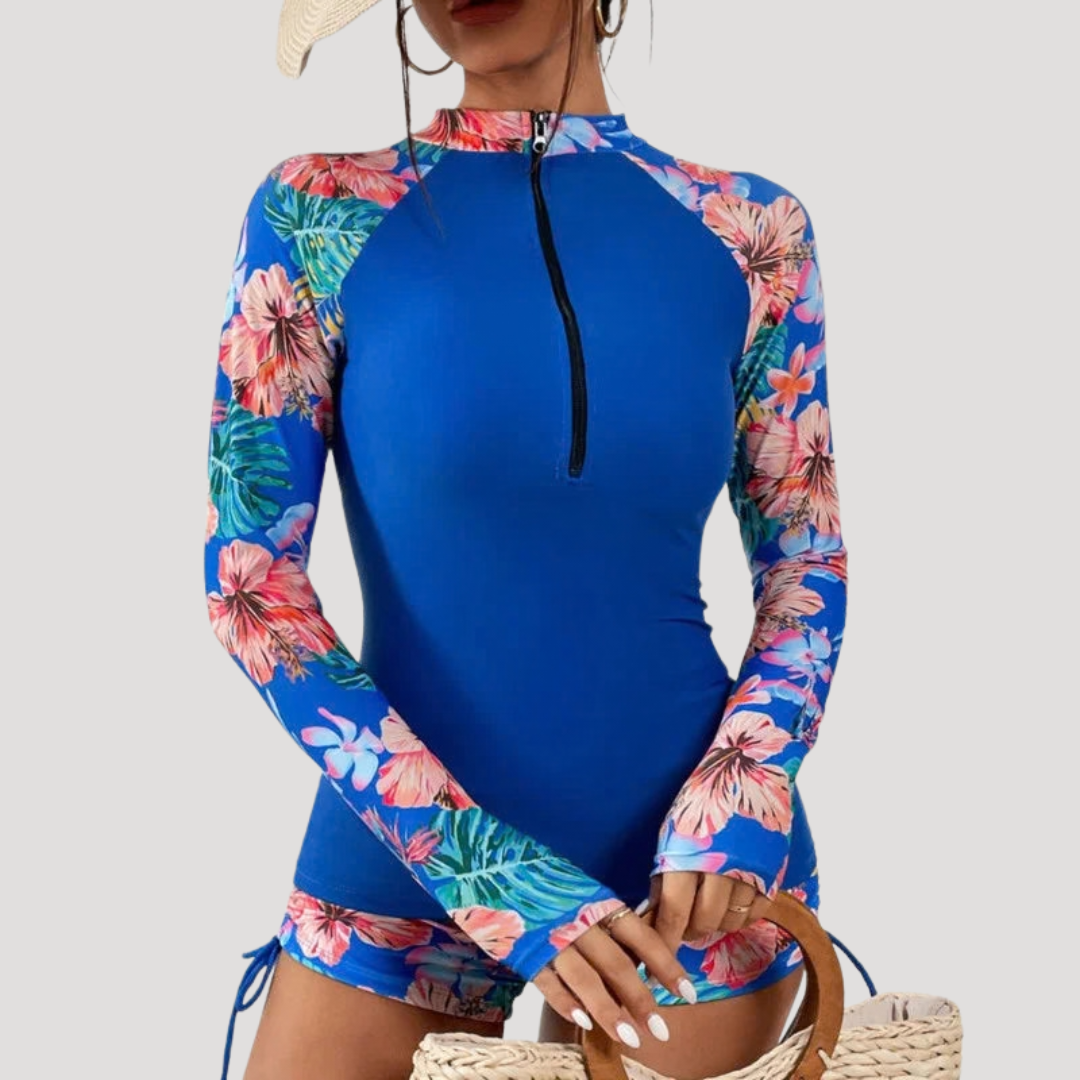 Floral Long Sleeve Zip-Front Two Piece Swimsuit for Women