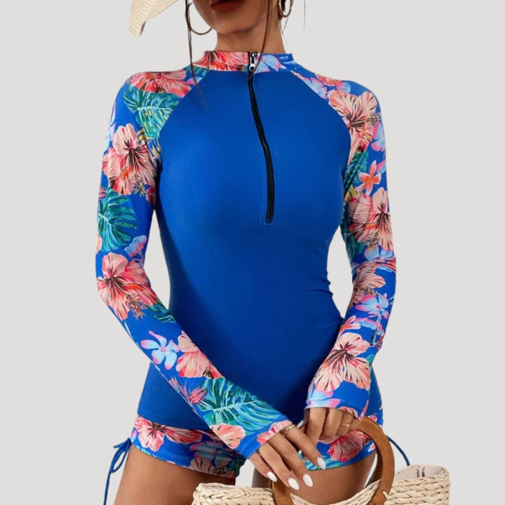 Floral Long Sleeve Zip-Front Two Piece Swimsuit for Women