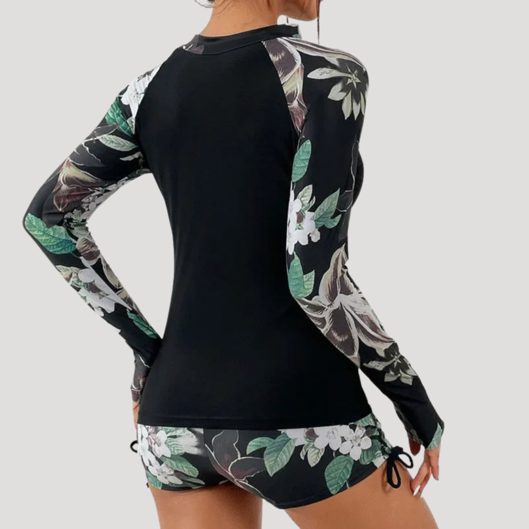 Floral Long Sleeve Zip-Front Two Piece Swimsuit for Women