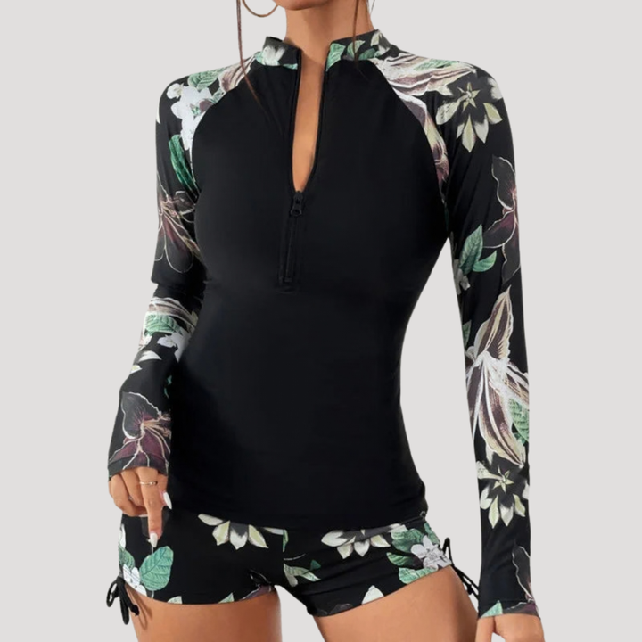Floral Long Sleeve Zip-Front Two Piece Swimsuit for Women