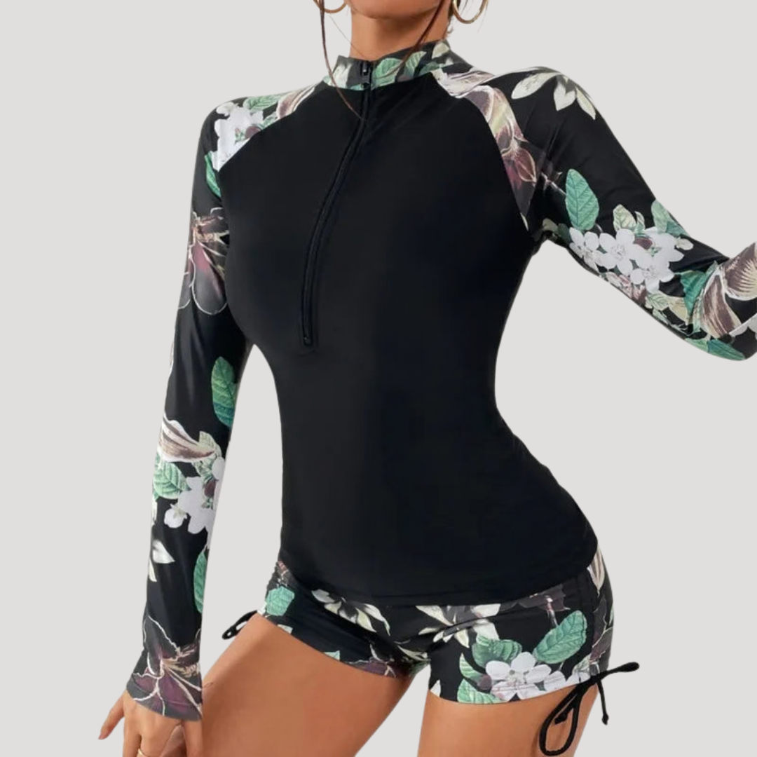 Floral Long Sleeve Zip-Front Two Piece Swimsuit for Women