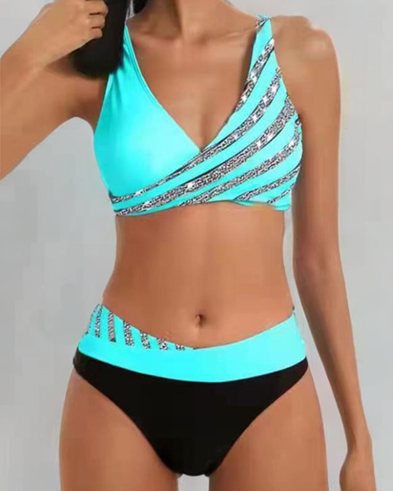 V-Neck Glitter Stripe Bikini Set for Women
