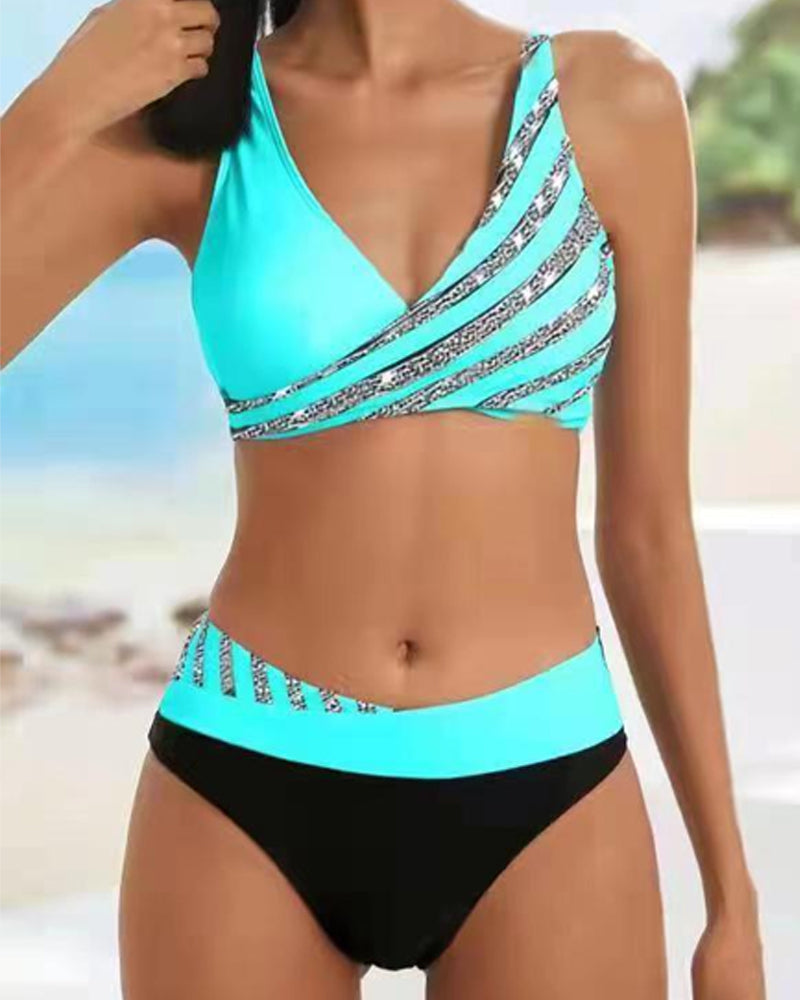 V-Neck Glitter Stripe Bikini Set for Women