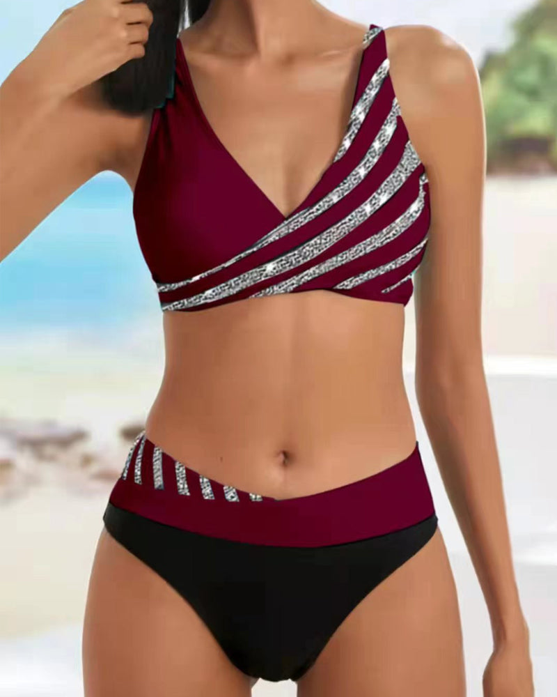 V-Neck Glitter Stripe Bikini Set for Women