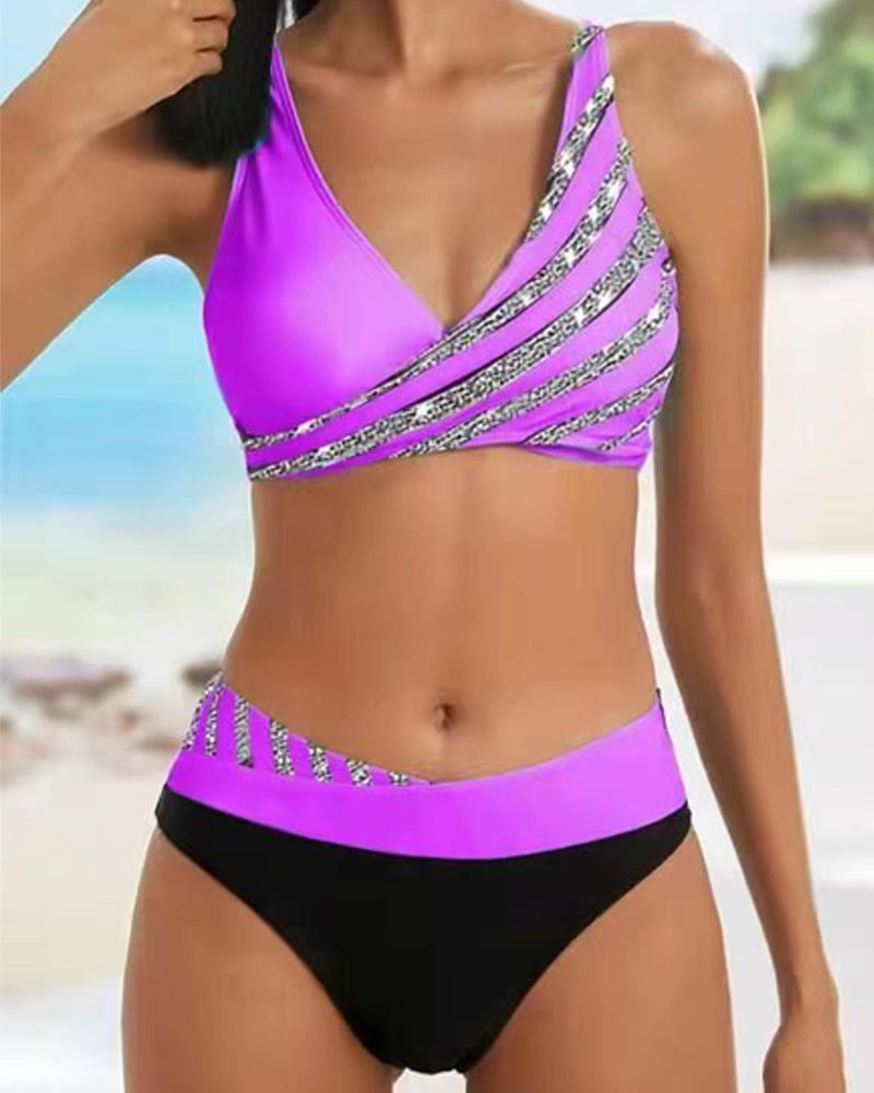 V-Neck Glitter Stripe Bikini Set for Women