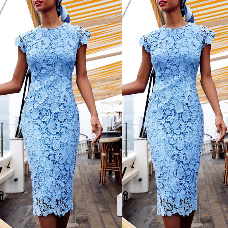 Floral Lace Cap Sleeve Bodycon Midi Dress for Women