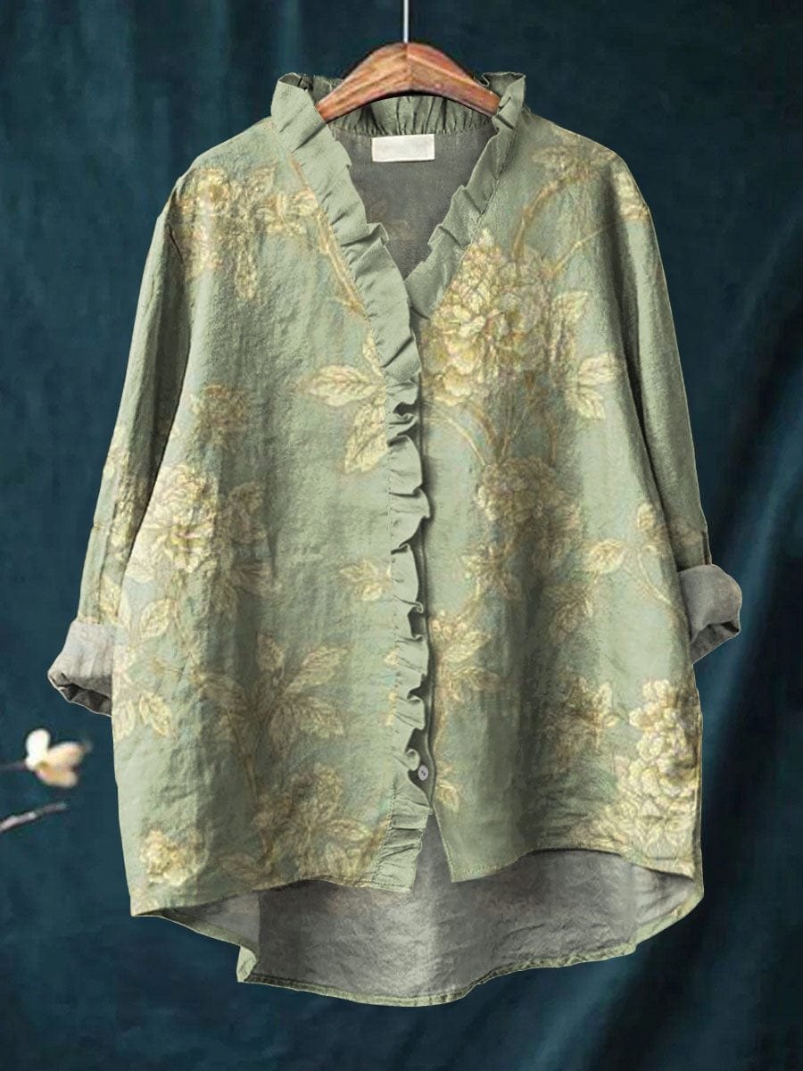 Vintage Floral Ruffle-Neck Blouse for Women