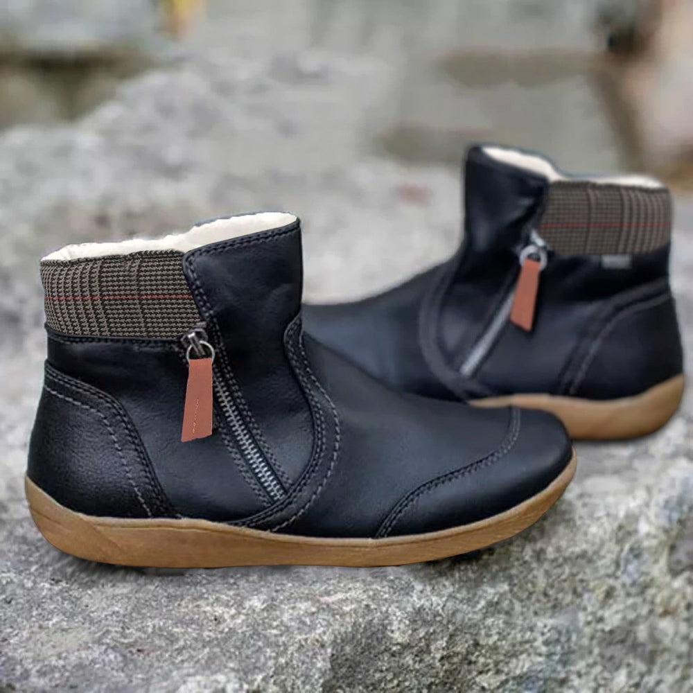 Black leather waterproof ankle boot with plaid cuff and zipper