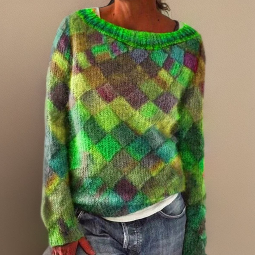 Green multicolor argyle knit sweater with off-shoulder neckline and long sleeves