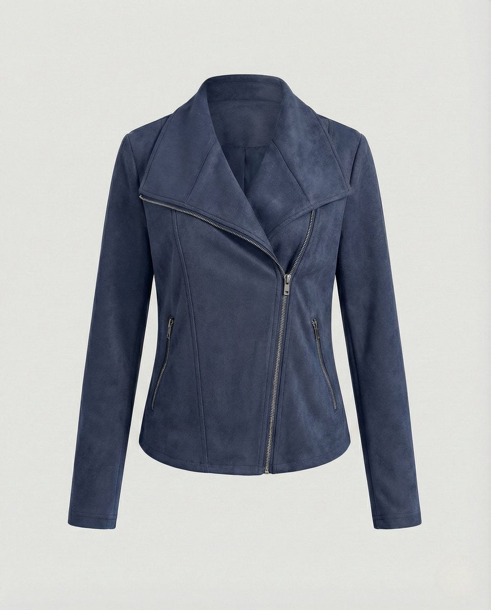 Navy blue suede-look biker jacket with asymmetric zipper, flat lay