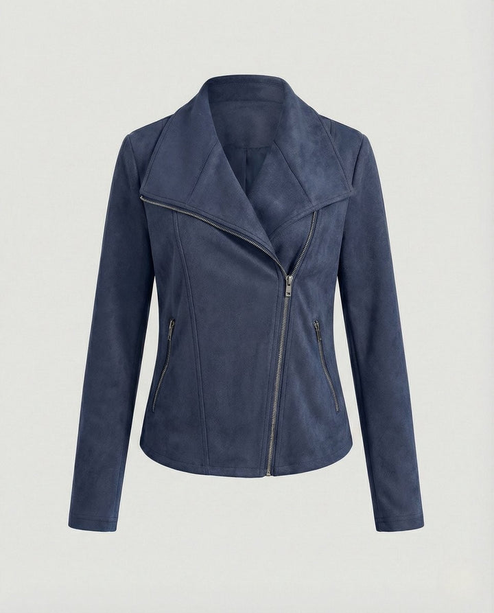 Navy blue suede-look biker jacket with asymmetric zipper, flat lay