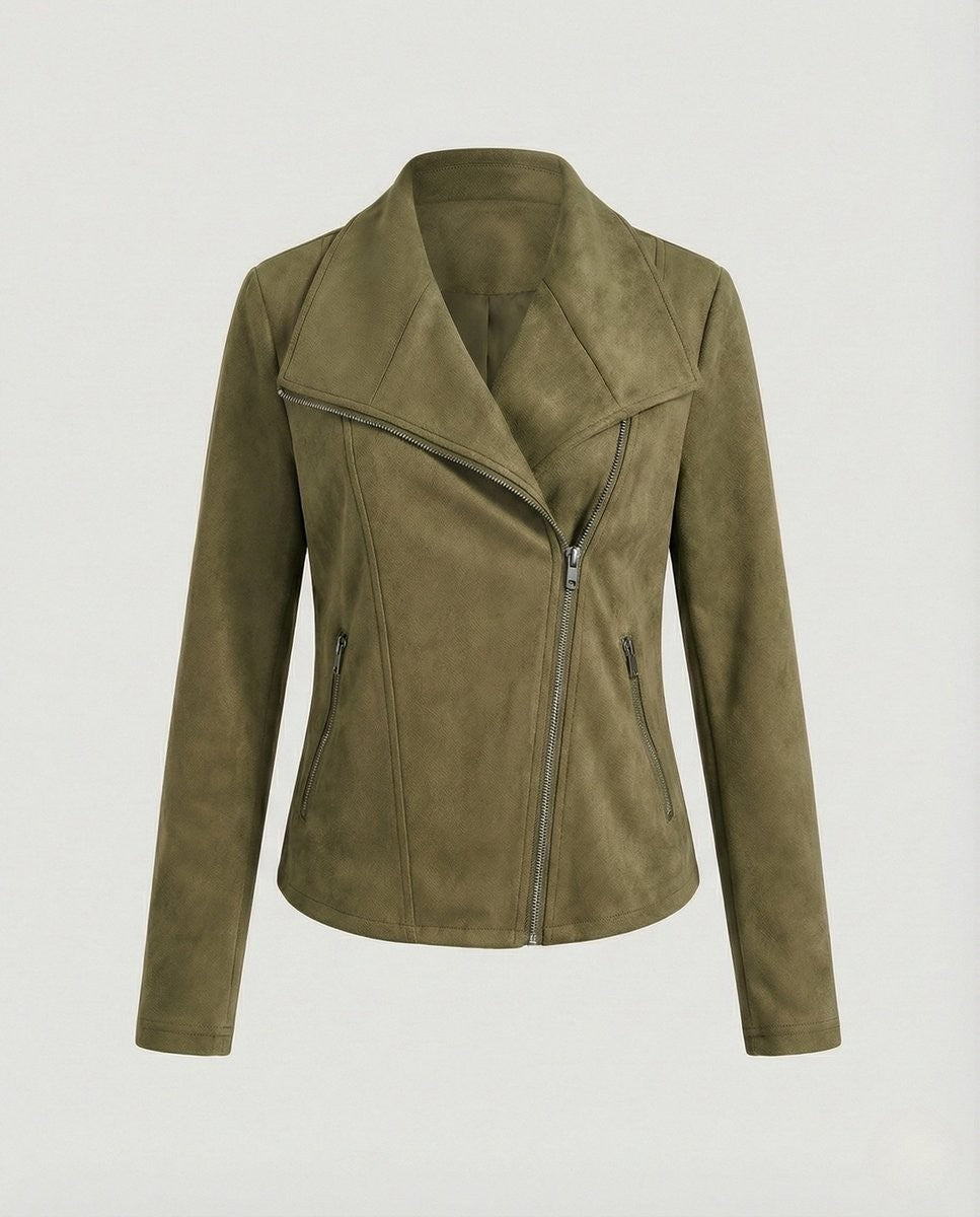 Olive green suede-look moto jacket with wide collar, flat lay view