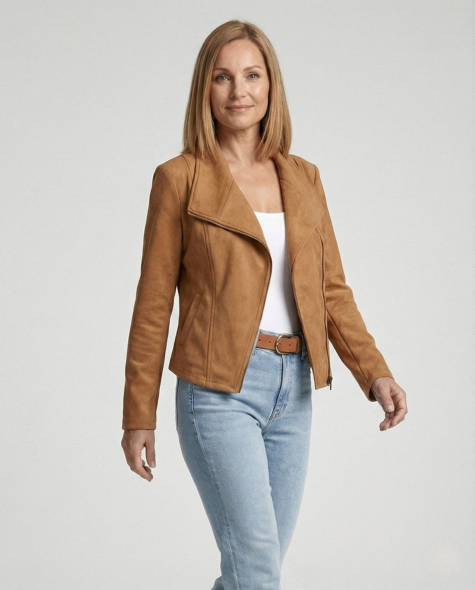 Camel asymmetric-zip biker jacket styled with a white tank and jeans