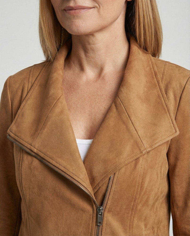 Close-up of camel suede-look jacket's wide collar and diagonal zipper