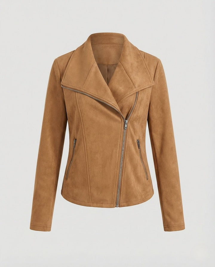 Camel suede-look biker jacket with asymmetric zip laid flat, front view