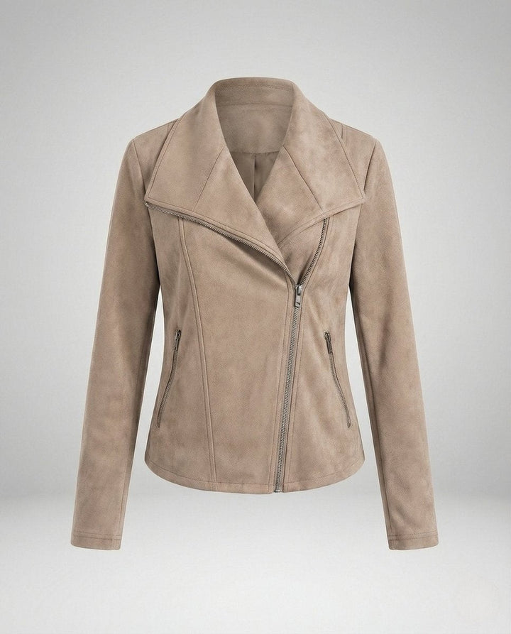 Taupe suede-look biker jacket with asymmetric zipper, front flat lay