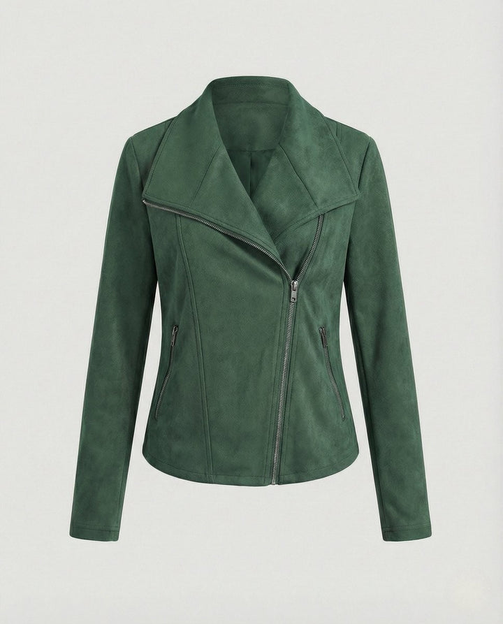 Forest green suede-look moto jacket with asymmetric zip, flat lay