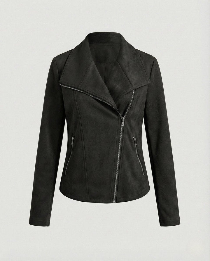 Black suede-look biker jacket with wide collar and diagonal zipper