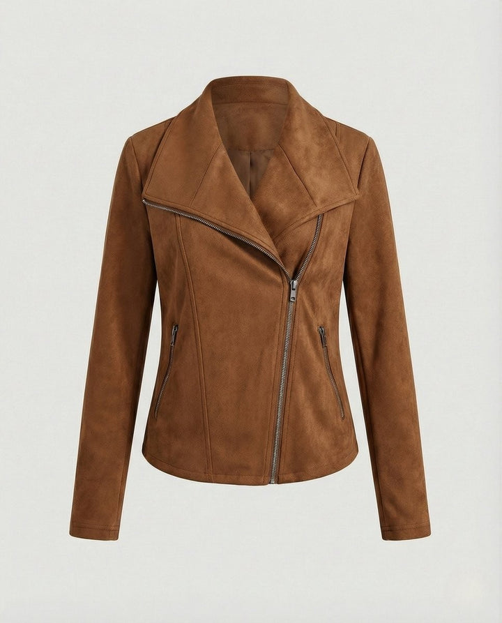 Cognac brown suede-look moto jacket with asymmetric zip, flat lay