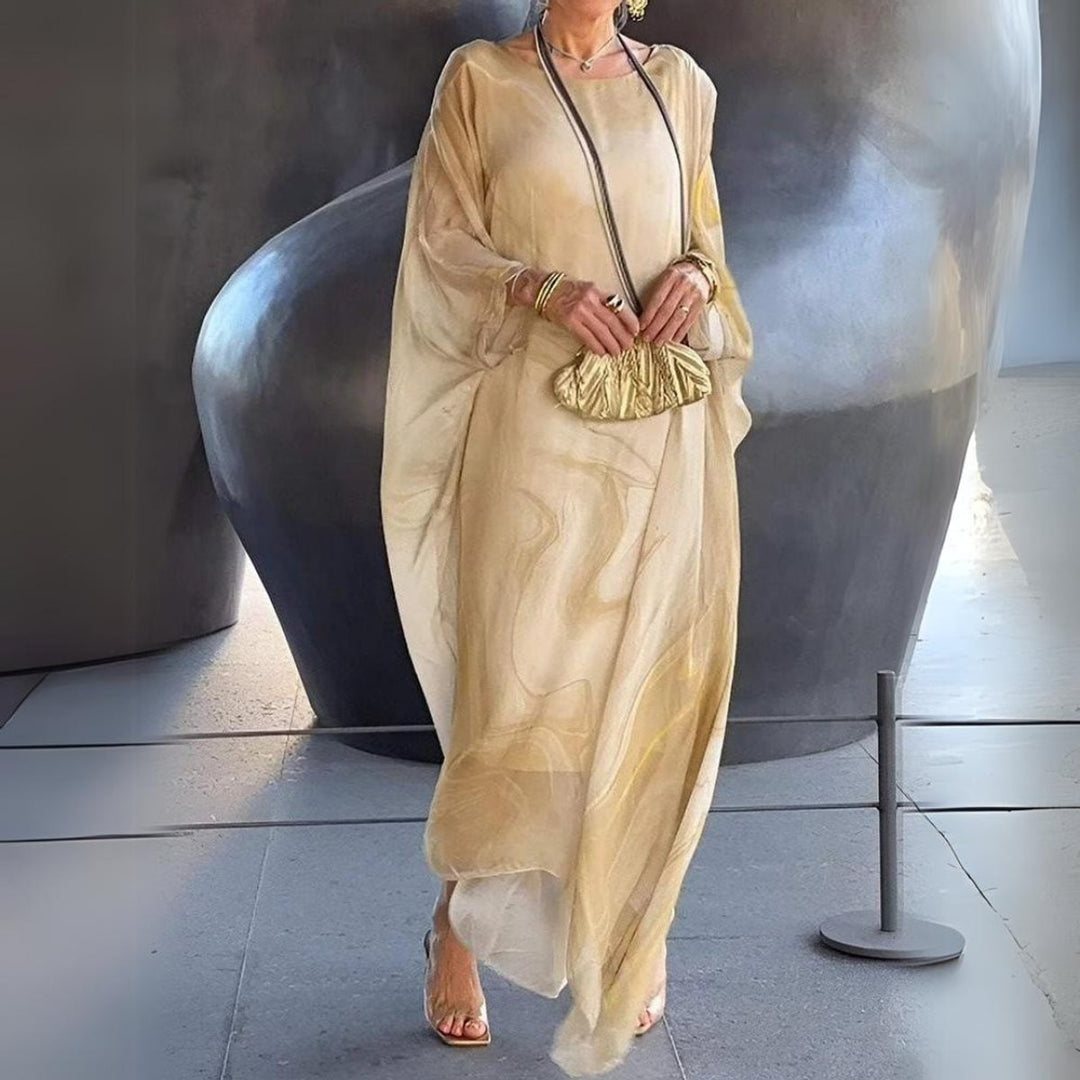 Beige marble-print batwing maxi dress with flowing sheer sleeves