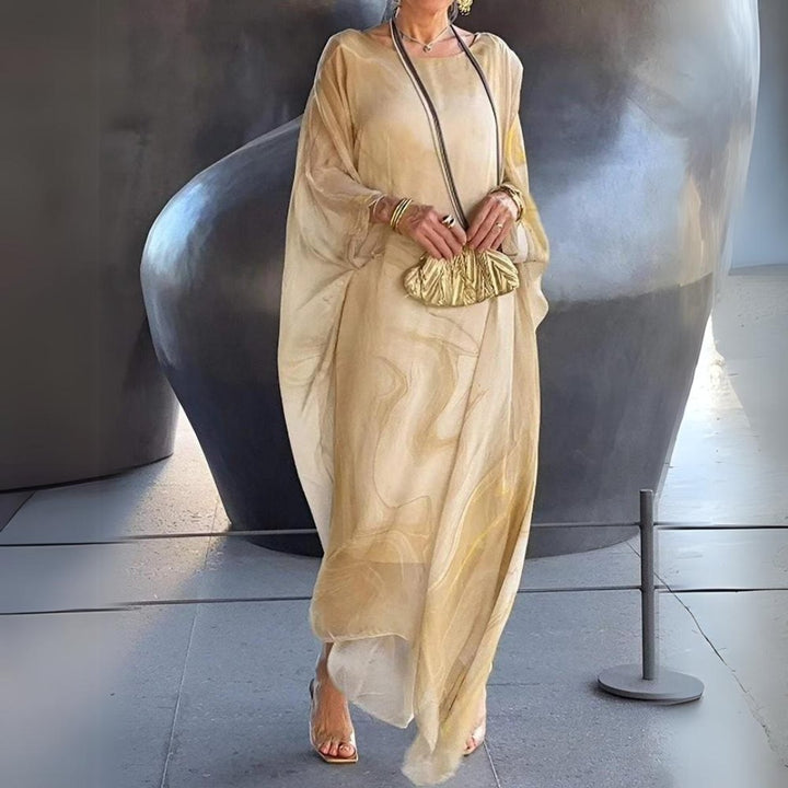 Beige marble-print batwing maxi dress with flowing sheer sleeves