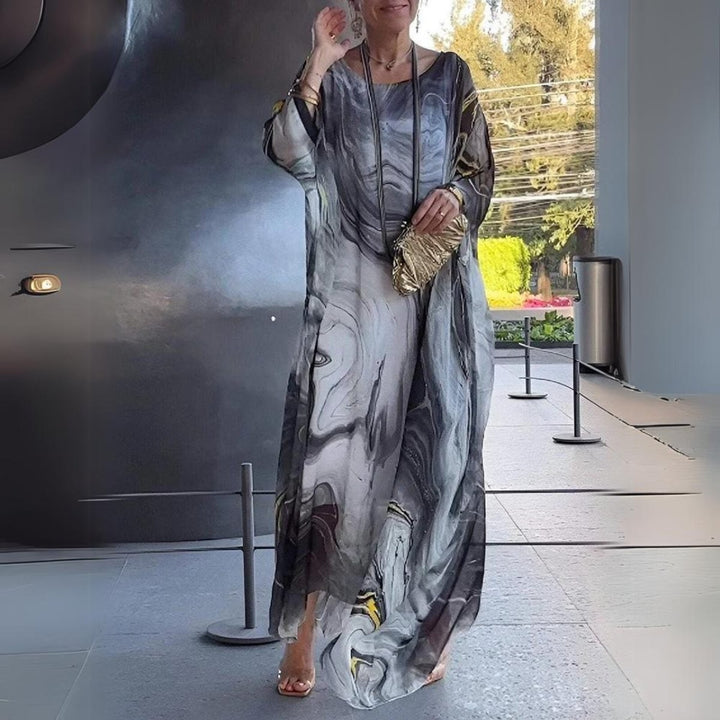 Gray and gold marble-print batwing maxi dress with flowing silhouette