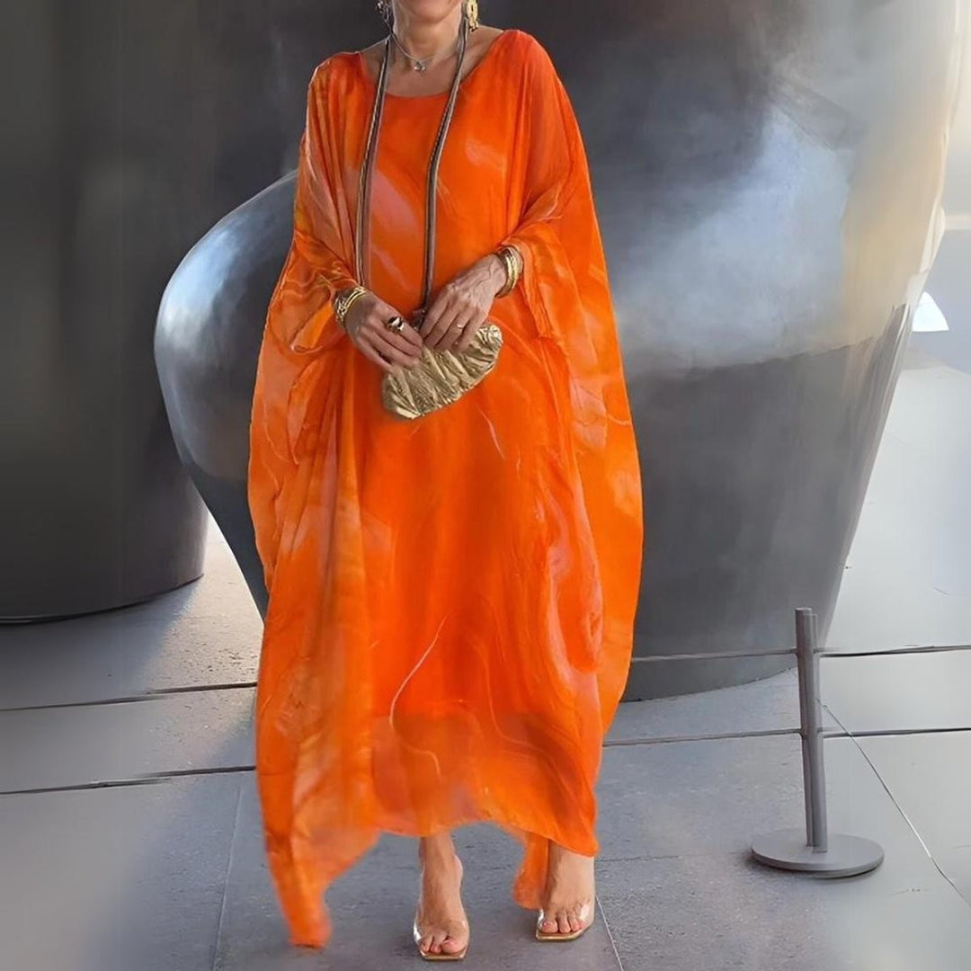 Bright orange marble-print batwing maxi dress with sheer draping