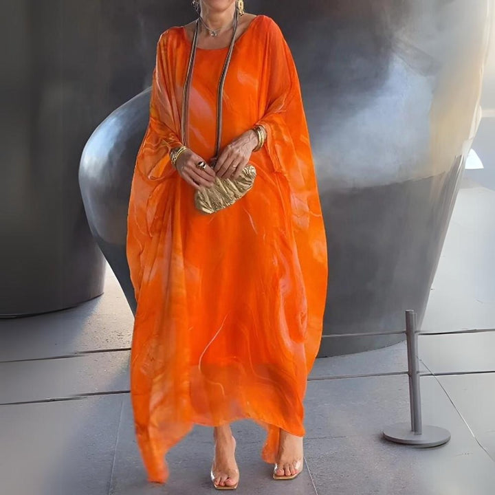 Bright orange marble-print batwing maxi dress with sheer draping